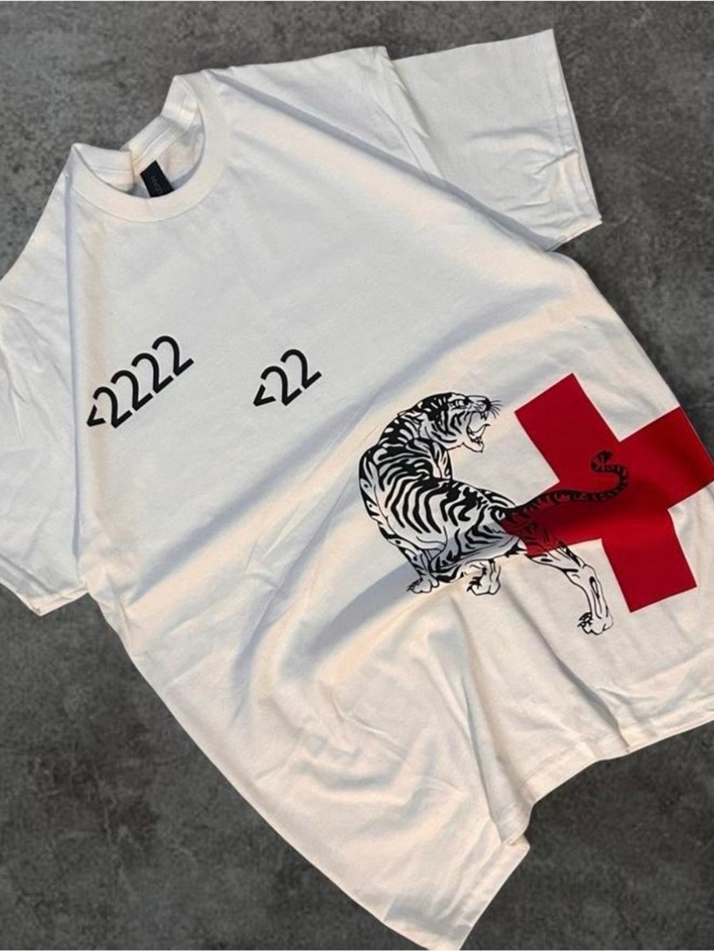 Custom made 2hollis Tiger + Cross white merch tee